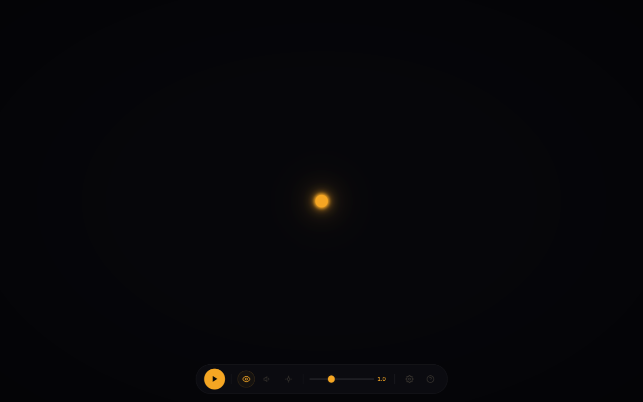 Bilateral app showing amber stimulus dot on dark background with minimal controls