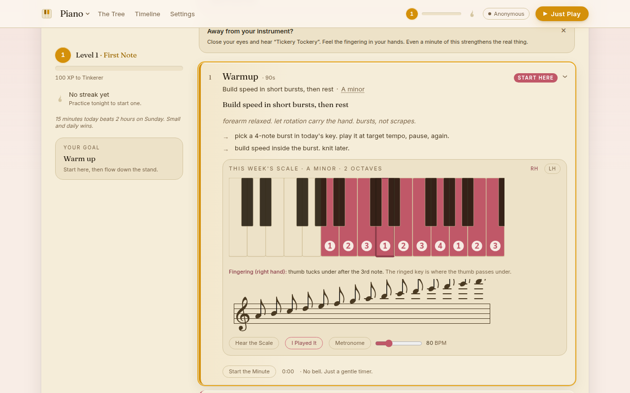 Piano practice studio showing an interactive keyboard scale diagram, sheet music, and the tonight's-plan practice stand