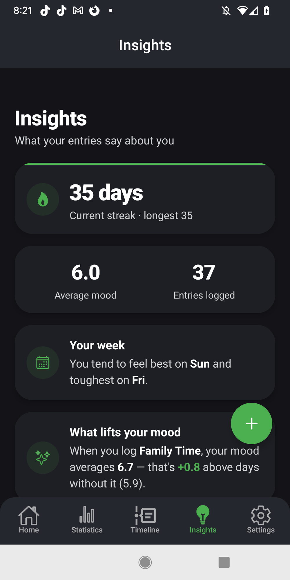 SoulSync insights tab — plain-language patterns from your own data